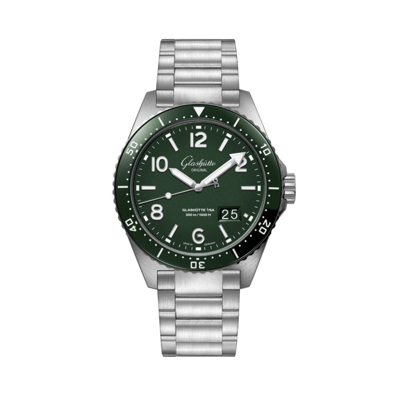 Glashuette Original SeaQ Panorama Date 43,20 mm Esfera verde Pulsera de acero inoxidable 1-36-13-07-83-70 
