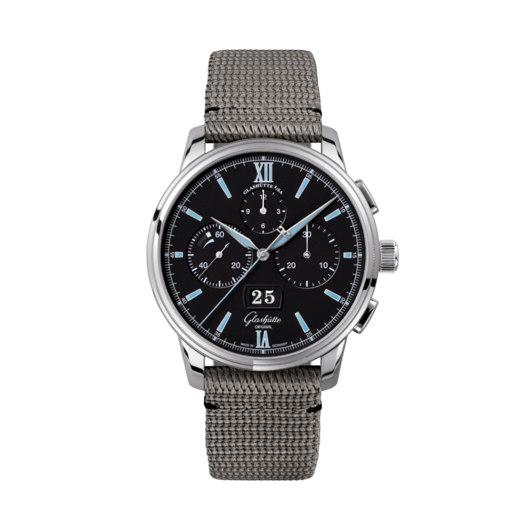 Glashuette Original Senator Chronograph Panorama Date 42 mm Black Dial Stainless Steel Synthetic, Grey Strap 1-37-01-03-02-36 - WATCHXNYC
