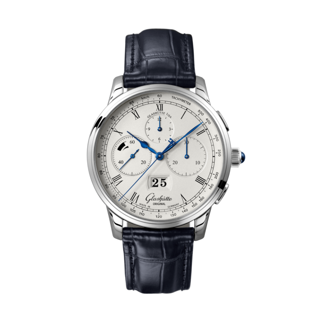 Glashuette Original Senator Chronograph Panorama Date 42 mm Silver Dial Platinum Louisiana   Leather Strap, Blue 1-37-01-02-03-30 - WATCHXNYC