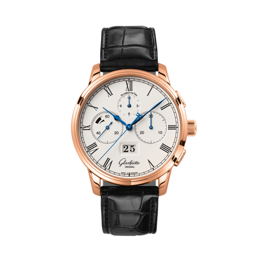 Glashuette Original Senator Chronograph Panorama Date 42 mm Silver Dial Red Gold Louisiana   Leather Strap, Black 1-37-01-01-05-30 - WATCHXNYC