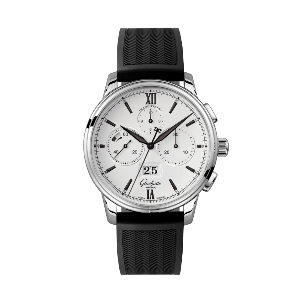 Glashuette Original Senator Chronograph Panorama Date 42 mm White Dial Stainless Steel Rubber Strap, Black 1-37-01-05-02-33 - WATCHXNYC