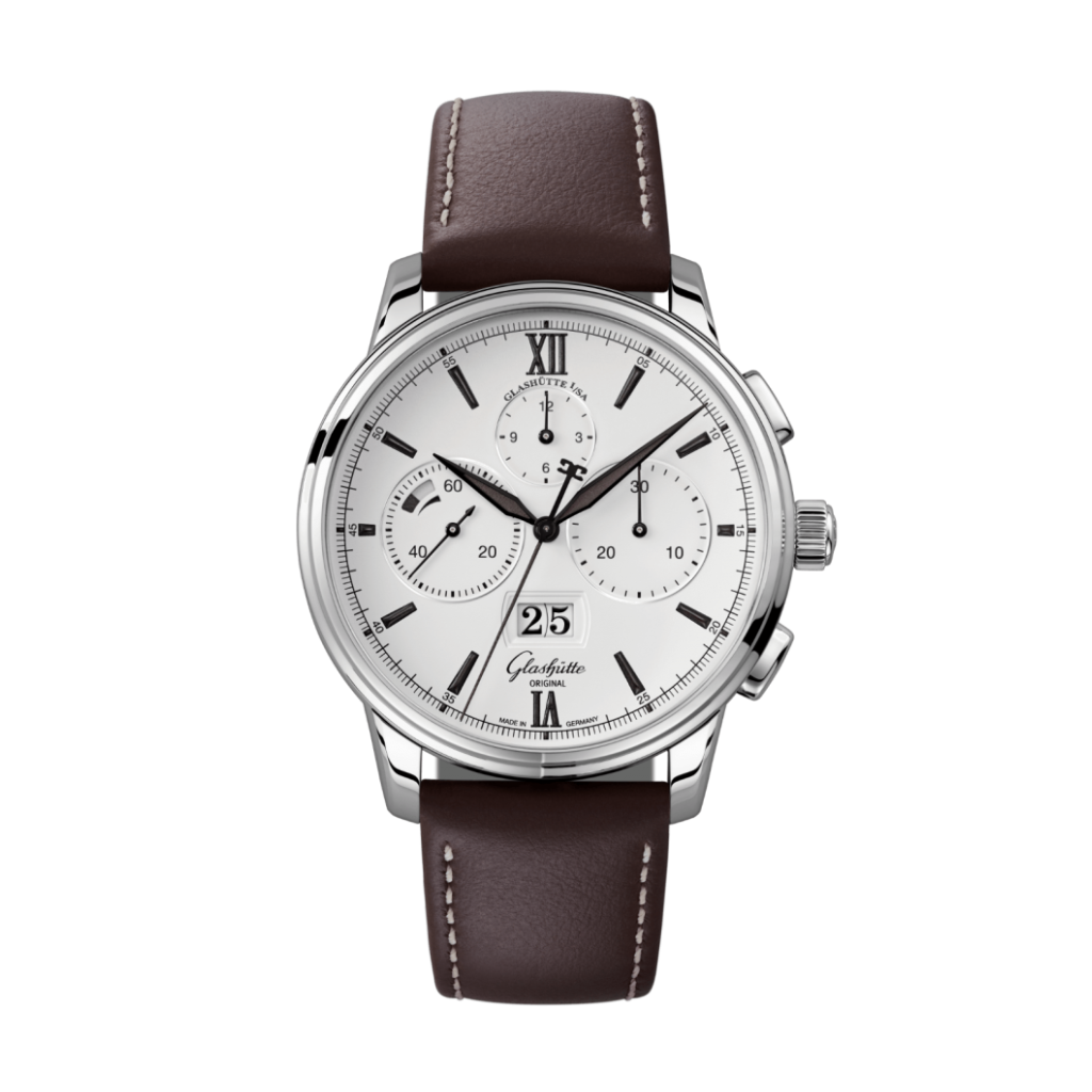 Glashuette Original Senator Chronograph Panorama Date 42 mm White Dial Stainless Steel   Strap, Brown 1-37-01-05-02-35 - WATCHXNYC