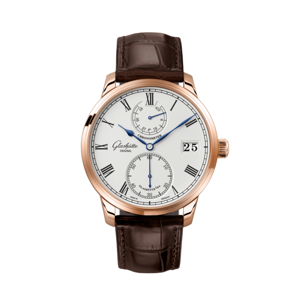 Glashuette Original Senator Chronometer 42 mm Silver Dial Red Gold Louisiana   Leather Strap, Brown 1-58-01-02-05-30 - WATCHXNYC