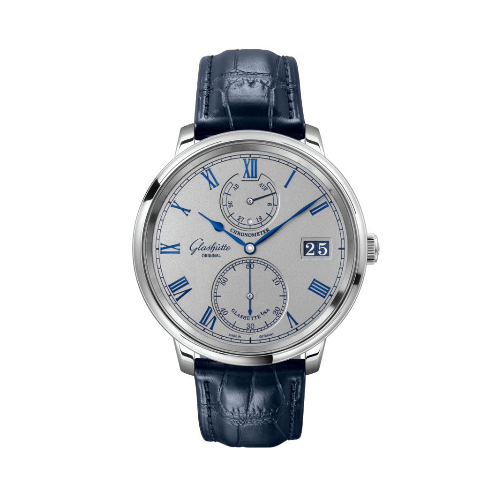 Glashuette Original Senator Chronometer 42 mm Silver Dial White Gold Louisiana   Leather Strap, Blue 1-58-08-01-04-61 - WATCHXNYC