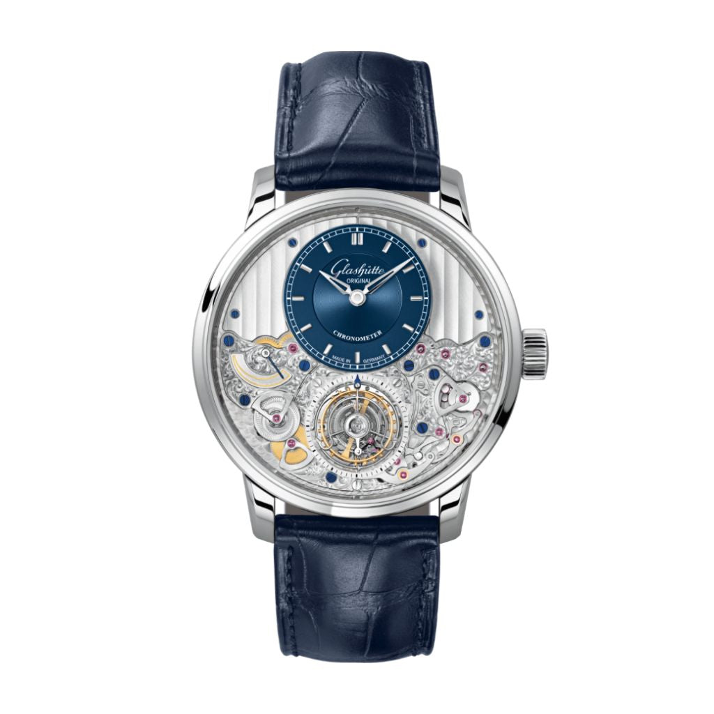 Glashuette Original Senator Chronometer Tourbillon 42 mm Galvanized Blue Dial Platinum Louisiana   Leather Strap, Blue 1-58-05-01-03-30 - WATCHXNYC