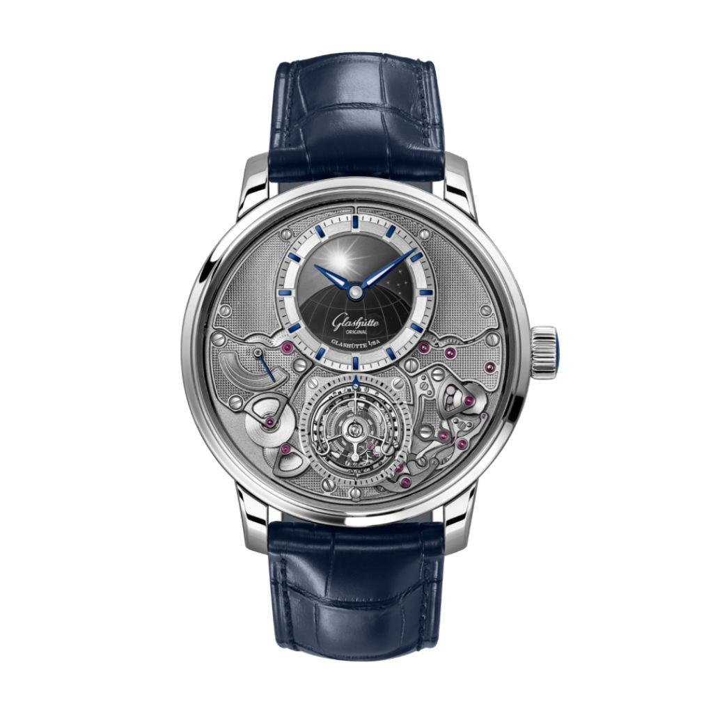 Glashuette Original Senator Chronometer Tourbillon 42 mm Silver Dial Platinum Louisiana   Leather Strap, Blue 1-58-06-01-03-61 - WATCHXNYC