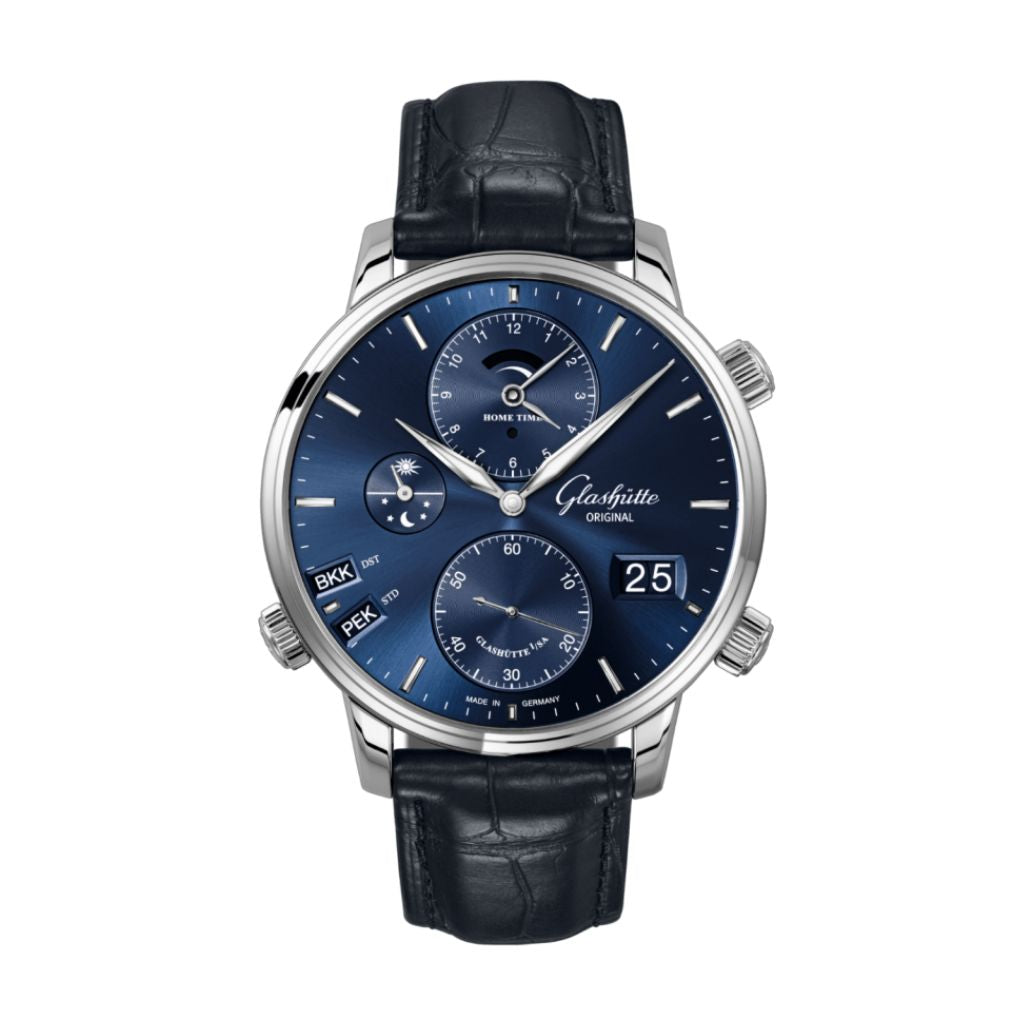 Glashuette Original Senator Cosmopolite 44 mm Blue Dial Stainless Steel Louisiana   Leather Strap, Blue 1-89-02-05-02-61 - WATCHXNYC