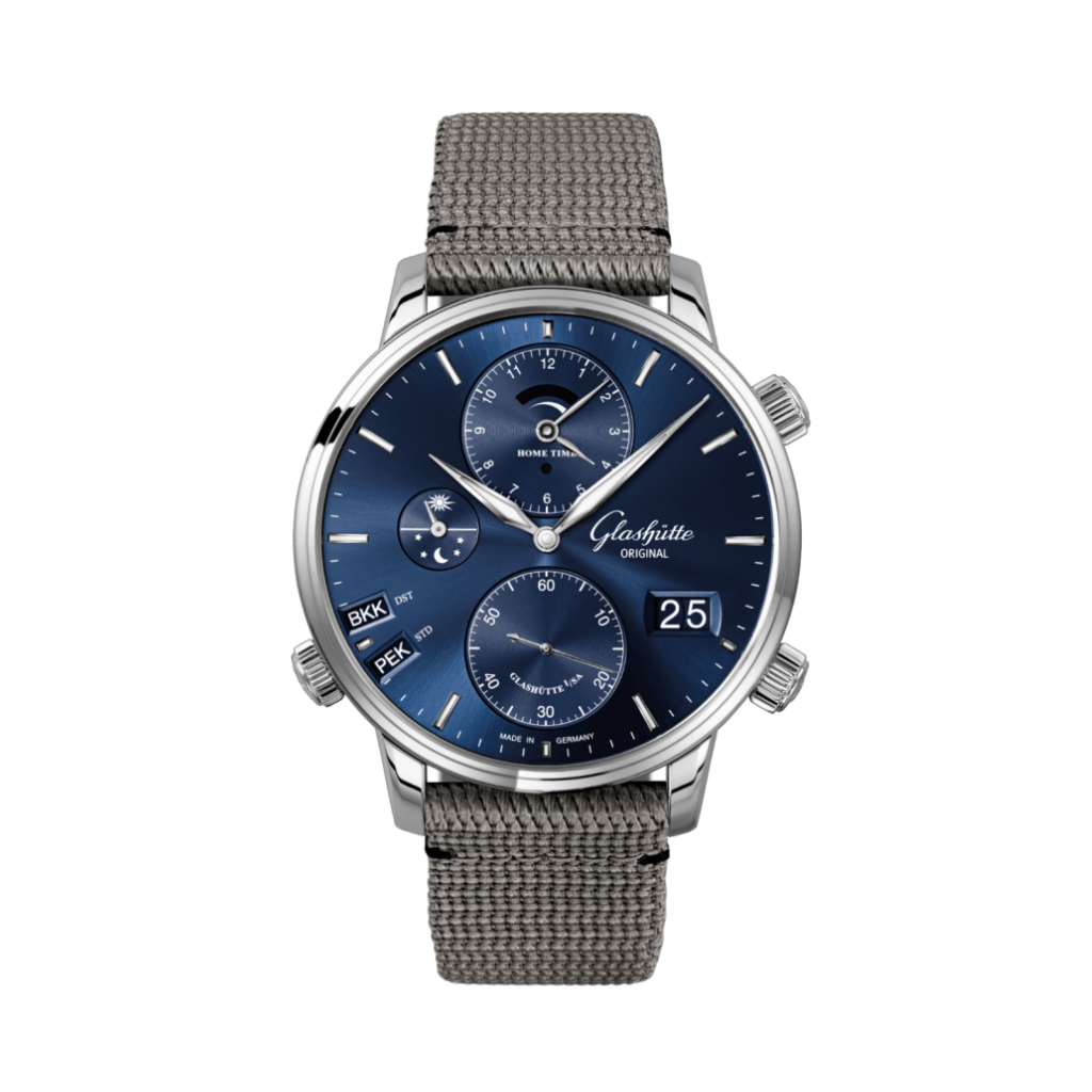 Glashuette Original Senator Cosmopolite 44 mm Blue Dial Stainless Steel Synthetic, Grey Strap 1-89-02-05-02-66 - WATCHXNYC