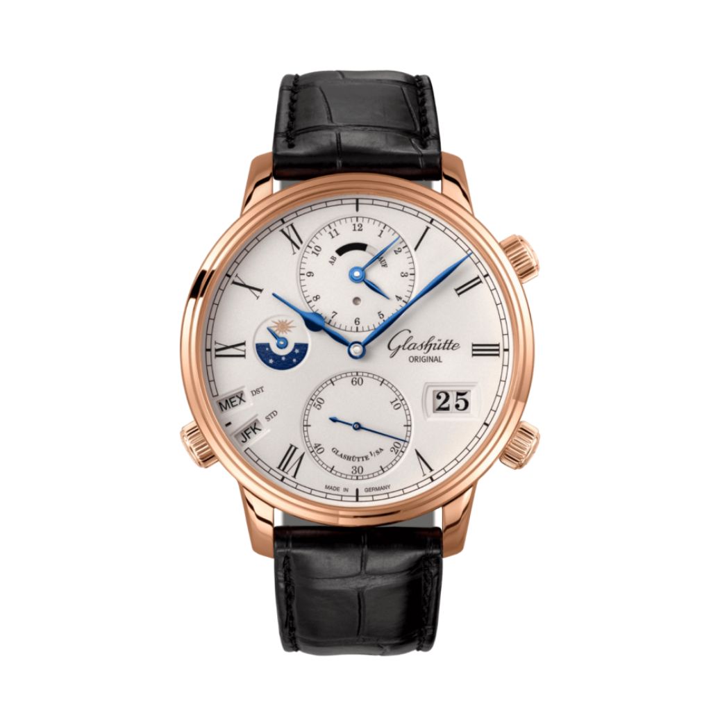 Glashuette Original Senator Cosmopolite 44 mm White Dial Red Gold Louisiana   Leather Strap, Black 1-89-02-01-05-61 - WATCHXNYC
