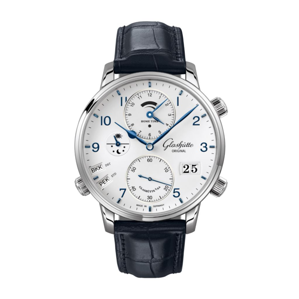 Glashuette Original Senator Cosmopolite 44 mm White Dial Stainless Steel Louisiana   Leather Strap, Blue 1-89-02-03-02-61 - WATCHXNYC