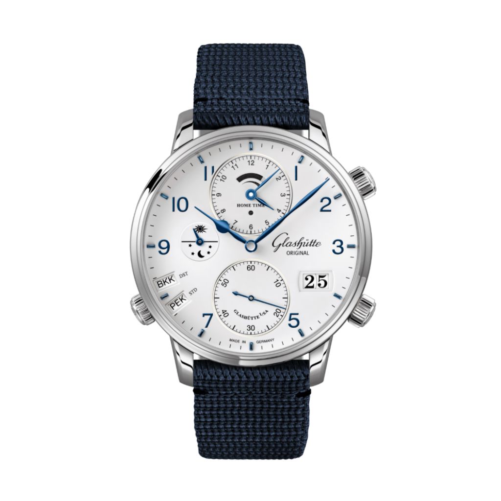 Glashuette Original Senator Cosmopolite 44 mm White Dial Stainless Steel Synthetic, Blue Strap 1-89-02-03-02-64 - WATCHXNYC