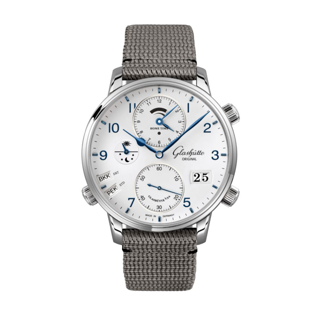 Glashuette Original Senator Cosmopolite 44 mm White Dial Stainless Steel Synthetic, Grey Strap 1-89-02-03-02-66 - WATCHXNYC