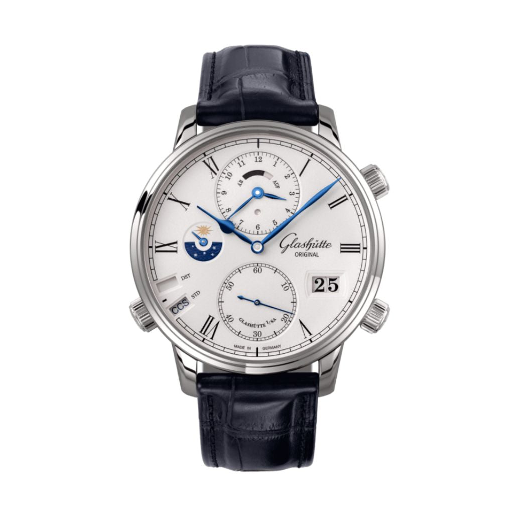 Glashuette Original Senator Cosmopolite 44 mm White Dial White Gold Louisiana   Leather Strap, Blue 1-89-02-01-04-30 - WATCHXNYC