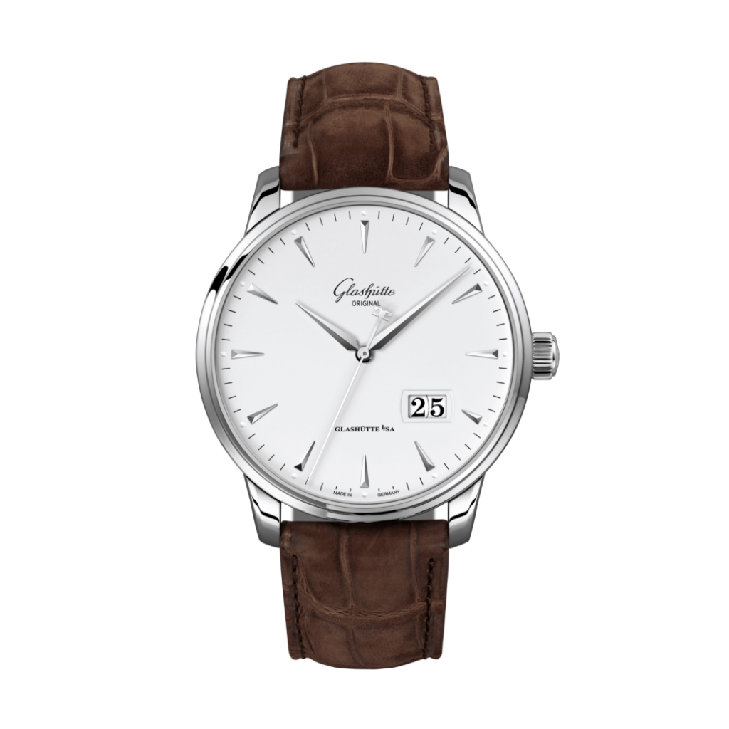 Glashuette Original Senator Excellence Panorama Date 42 mm White Dial Stainless Steel Louisiana   Nubuk Leather Strap, Brown 1-36-03-05-02-31 - WATCHXNYC