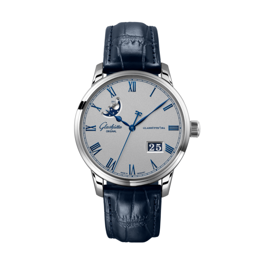 Glashuette Original Senator Excellence Panorama Date Moon Phase 40 mm Grey Dial Stainless Steel Louisiana   Leather Strap, Blue 1-36-24-02-02-61 - WATCHXNYC
