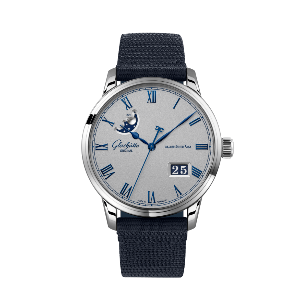 Glashuette Original Senator Excellence Panorama Date Moon Phase 40 mm Grey Dial Stainless Steel Synthetic Strap, Blue 1-36-24-02-02-64 - WATCHXNYC