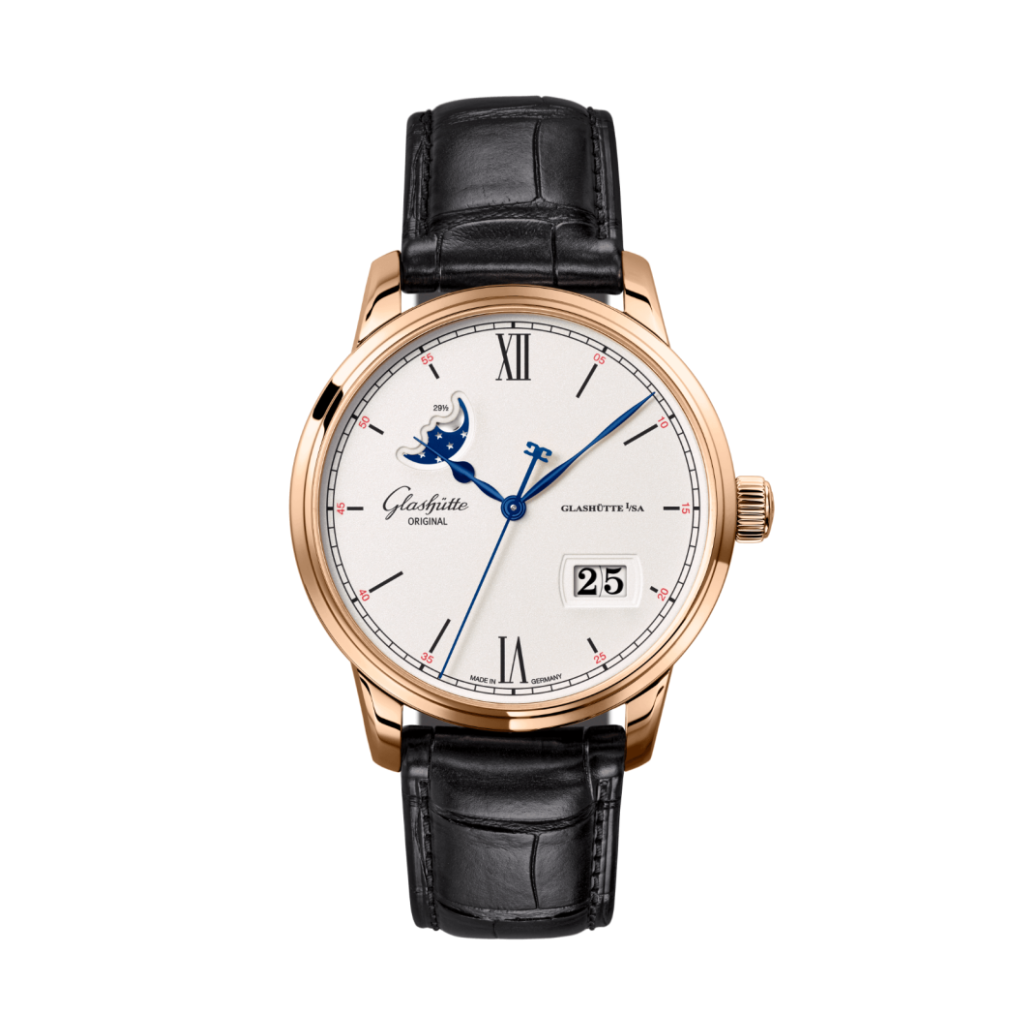 Glashuette Original Senator Excellence Panorama Date Moon Phase 40 mm Silver Dial Red Gold Louisiana   Nubuk Leather Strap, Black 1-36-04-02-05-61 - WATCHXNYC