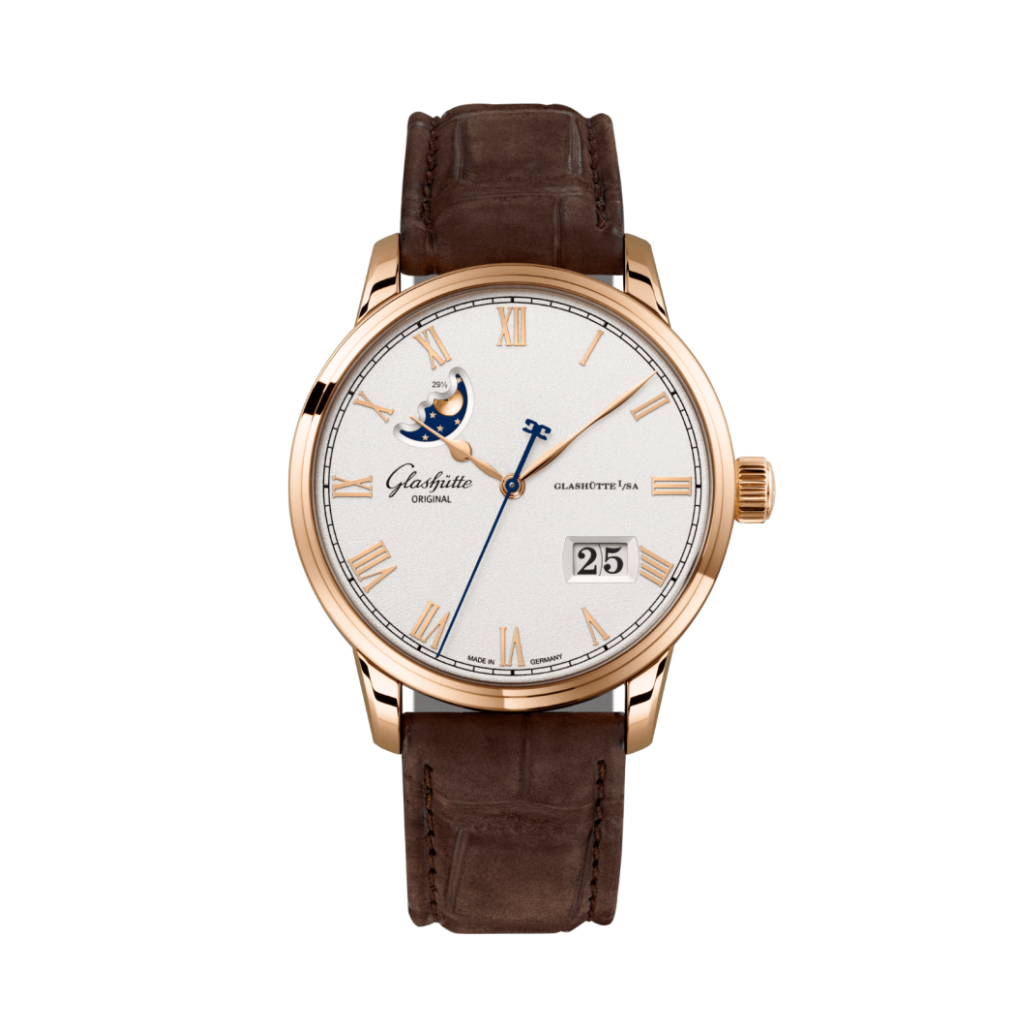 Glashuette Original Senator Excellence Panorama Date Moon Phase 40 mm Silver Dial Red Gold Louisiana   Nubuk Leather Strap, Brown 1-36-24-02-05-62 - WATCHXNYC