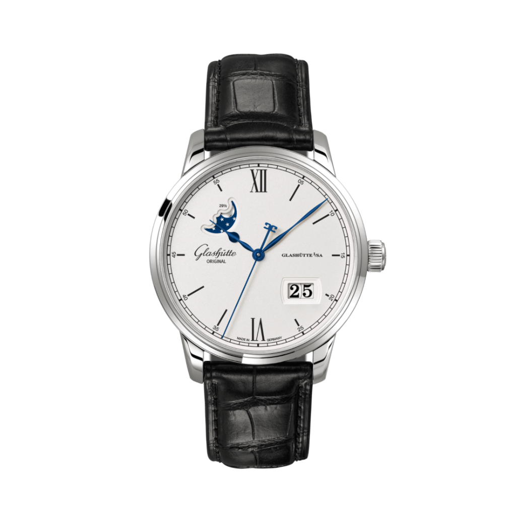 Glashuette Original Senator Excellence Panorama Date Moon Phase 40 mm Silver Dial Stainless Steel Louisiana   Leather Strap, Black 1-36-04-01-02-61 - WATCHXNYC