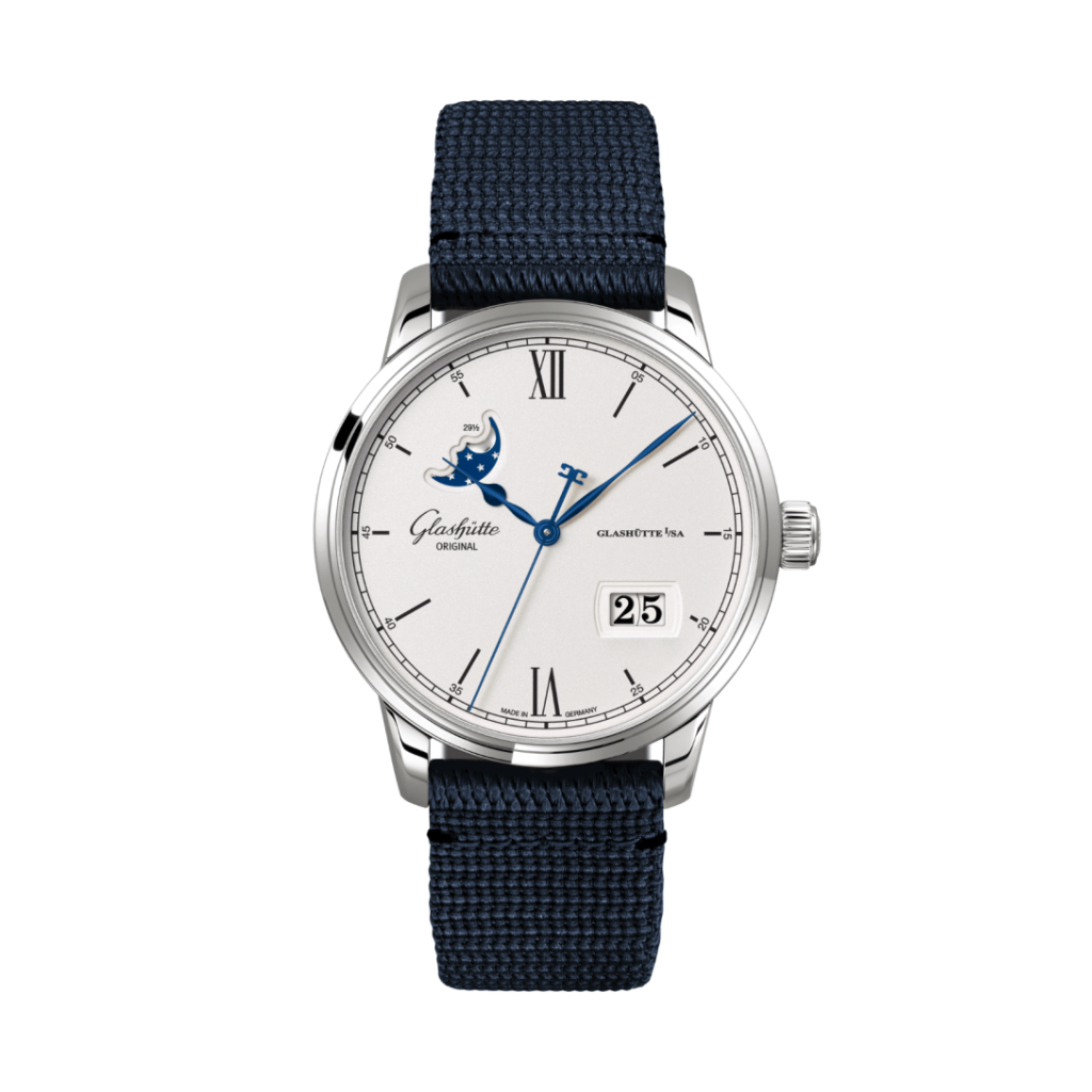 Glashuette Original Senator Excellence Panorama Date Moon Phase 40 mm Silver Dial Stainless Steel Synthetic Strap, Blue 1-36-04-01-02-64 - WATCHXNYC