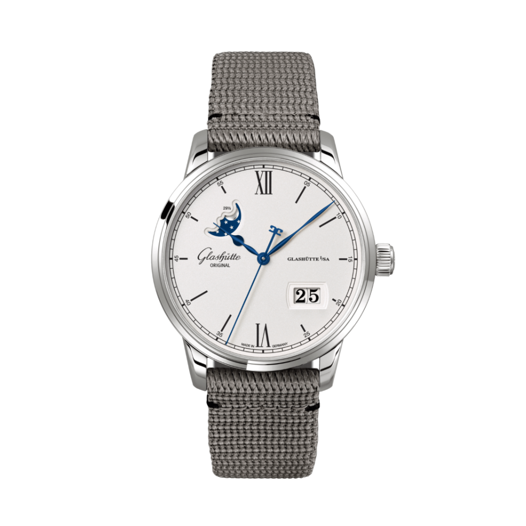 Glashuette Original Senator Excellence Panorama Date Moon Phase 40 mm Silver Dial Stainless Steel Synthetic Strap, Grey 1-36-04-01-02-66 - WATCHXNYC
