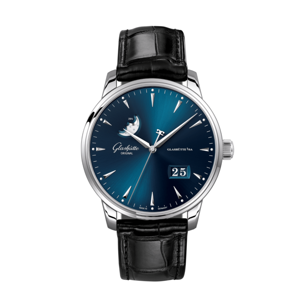 Glashuette Original Senator Excellence Panorama Date Moon Phase 42 mm Blue Dial Stainless Steel Louisiana   Leather Strap, Black 1-36-04-04-02-30 - WATCHXNYC