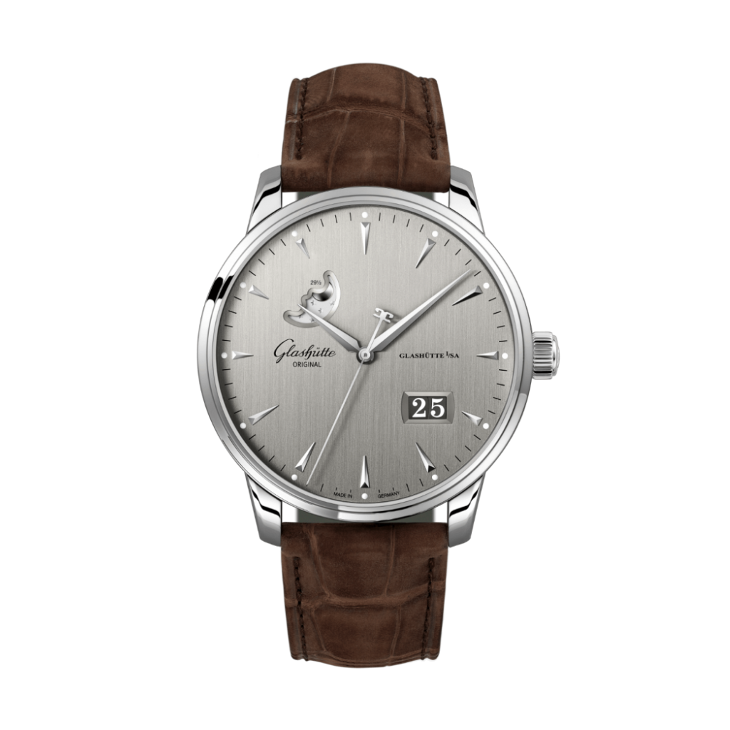 Glashuette Original Senator Excellence Panorama Date Moon Phase 42 mm Silver Dial Stainless Steel Louisiana   Nubuk Leather Strap, Brown 1-36-04-03-02-31 - WATCHXNYC