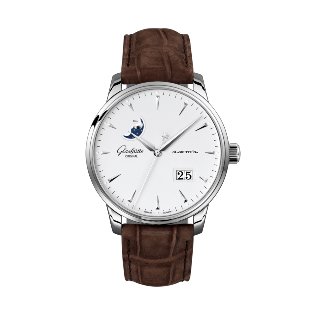 Glashuette Original Senator Excellence Panorama Date Moon Phase 42 mm White Dial Stainless Steel Louisiana   Nubuk Leather Strap, Brown 1-36-04-05-02-31 - WATCHXNYC