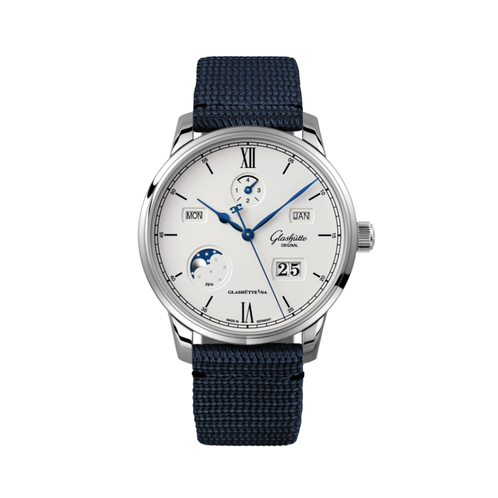 Glashuette Original Senator Excellence Perpetual Calendar 42 mm Silver Dial Stainless Steel Synthetic, Blue Strap 1-36-02-01-02-64 - WATCHXNYC