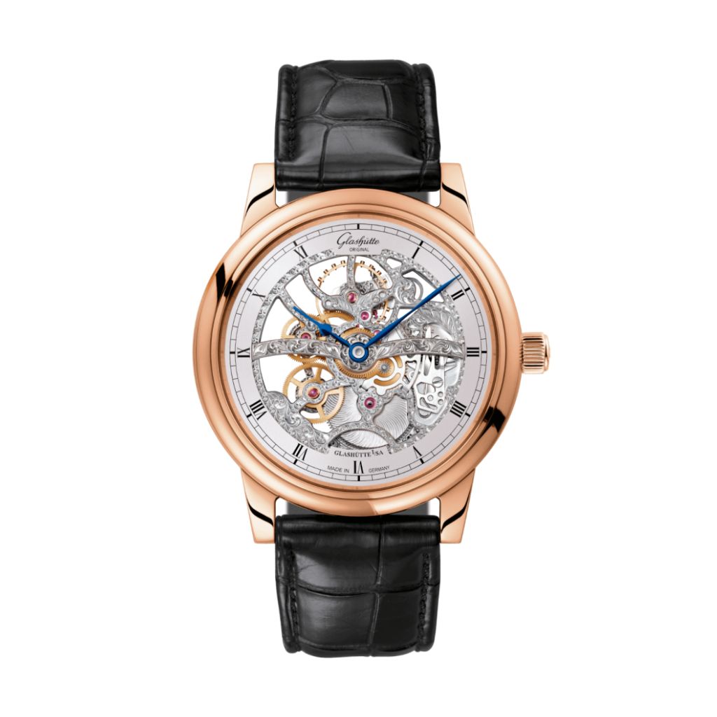 Glashuette Original Senator Manual Winding Skeletonised Edition 42 mm Silver Galvanized Dial Red Gold Louisiana   Leather Strap, Black 1-49-18-01-05-30 - WATCHXNYC
