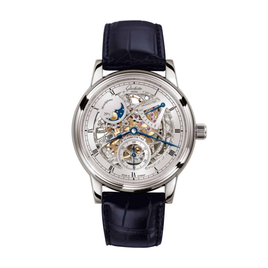 Glashuette Original Senator Moon Phase Skeletonised Edition 42 mm Silver Dial White Gold Louisiana   Leather Strap, Blue 1-49-13-15-04-30 - WATCHXNYC