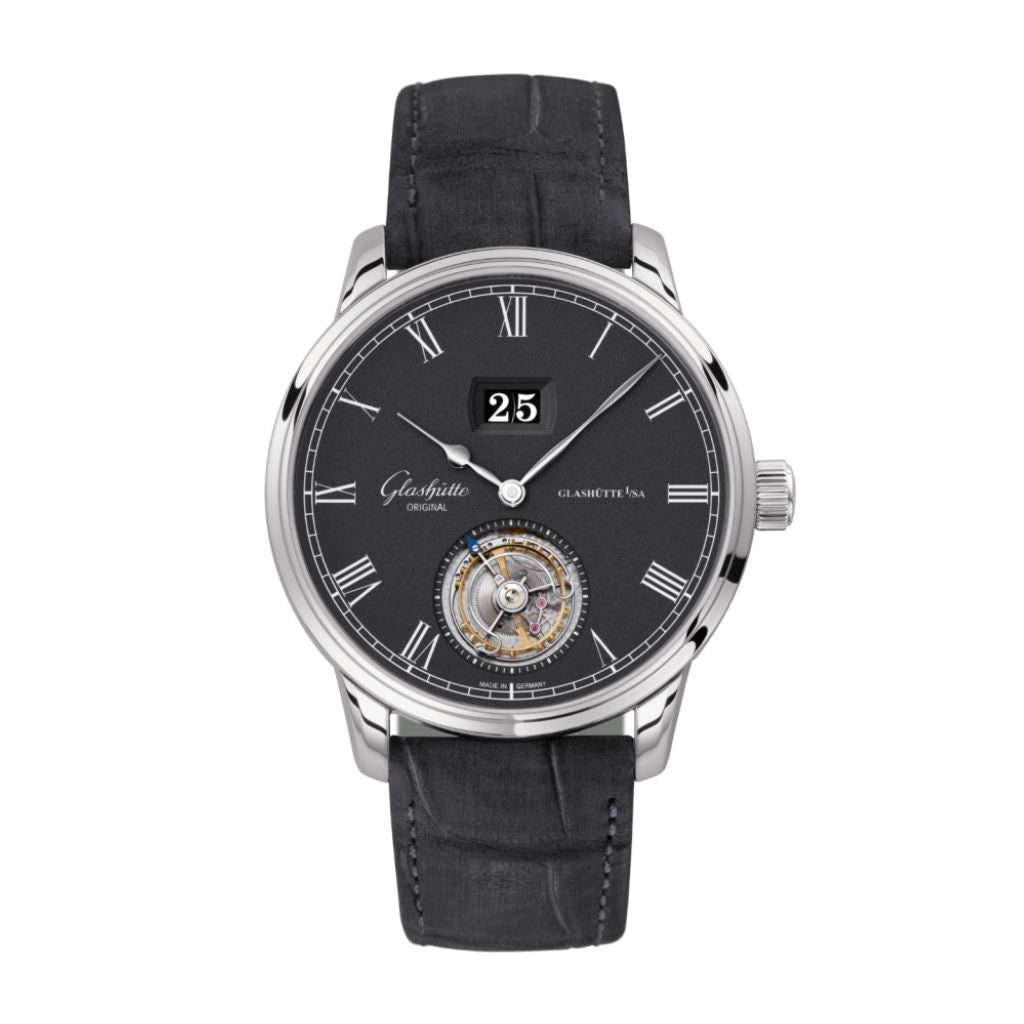 Glashuette Original Senator Tourbillon 42 mm Black Dial White Gold Louisiana   Nubuk Leather Strap, Grey 1-94-03-04-04-04 - WATCHXNYC