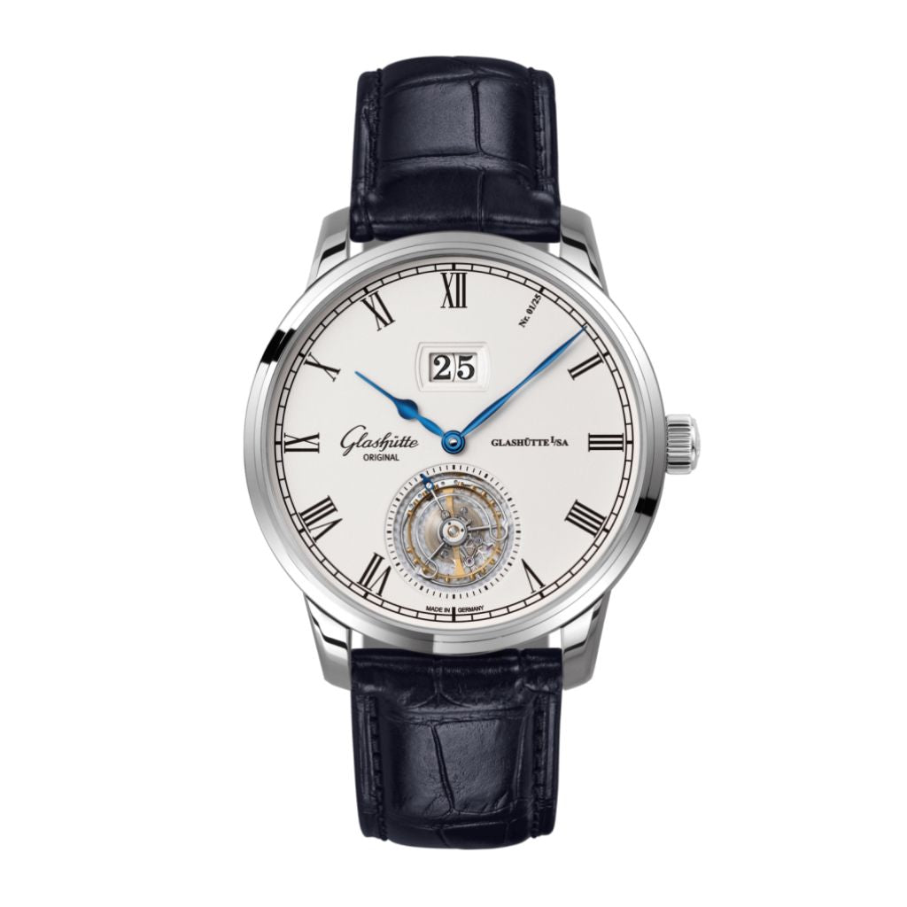 Glashuette Original Senator Tourbillon 42 mm White Dial White Gold Louisiana   Leather Strap, Blue 1-94-03-05-04-30 - WATCHXNYC