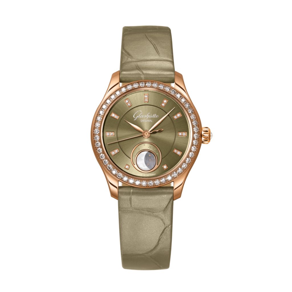 Glashuette Original Serenade Luna 32.50 mm Golden Green Dial with Diamonds Red Gold Louisiana   Leather Strap, Green 1-35-14-05-15-04 - WATCHXNYC
