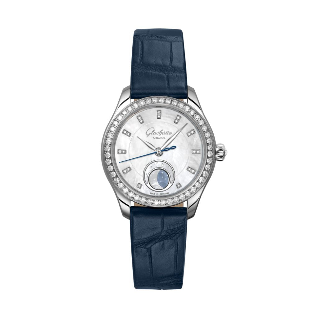Glashuette Original Serenade Luna 32.50 mm Shimmering White Dial with Diamonds Stainless Steel Louisiana   Leather Strap, Blue 1-35-14-02-12-04 - WATCHXNYC