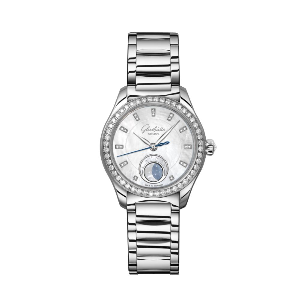 Glashuette Original Serenade Luna 32.50 mm Shimmering White Dial with Diamonds Stainless Steel Metal Bracelet 1-35-14-02-12-14 - WATCHXNYC