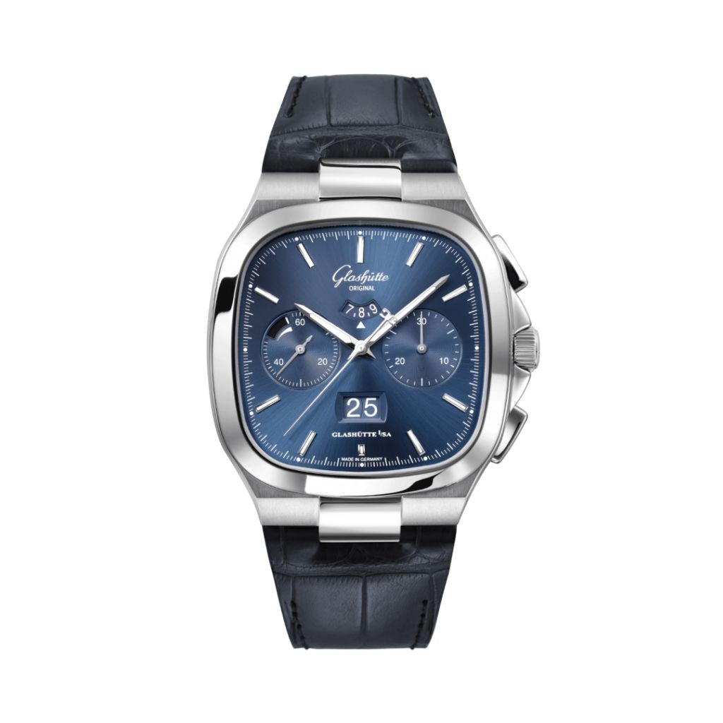 Glashuette Original Seventies Chronograph Panorama Date 40 mm Blue Dial Stainless Steel Louisiana   Leather Strap, Blue 1-37-02-08-02-61 - WATCHXNYC