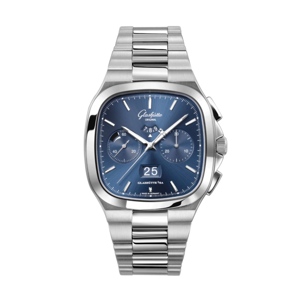 Glashuette Original Seventies Chronograph Panorama Date 40 mm Blue Dial Stainless Steel Metal Bracelet 1-37-02-08-02-70 - WATCHXNYC