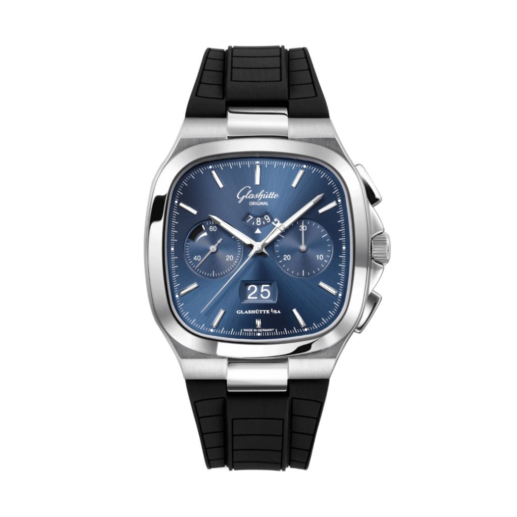 Glashuette Original Seventies Chronograph Panorama Date 40 mm Blue Dial Stainless Steel Rubber Strap, Black 1-37-02-08-02-63 - WATCHXNYC