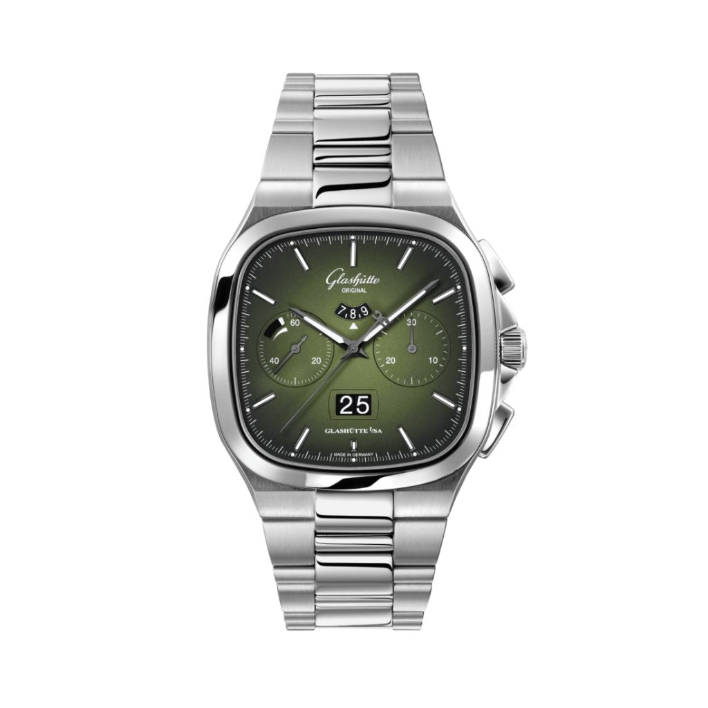 Glashuette Original Seventies Chronograph Panorama Date 40 mm Fab Green Dial Stainless Steel Metal Bracelet 1-37-02-09-02-70 - WATCHXNYC