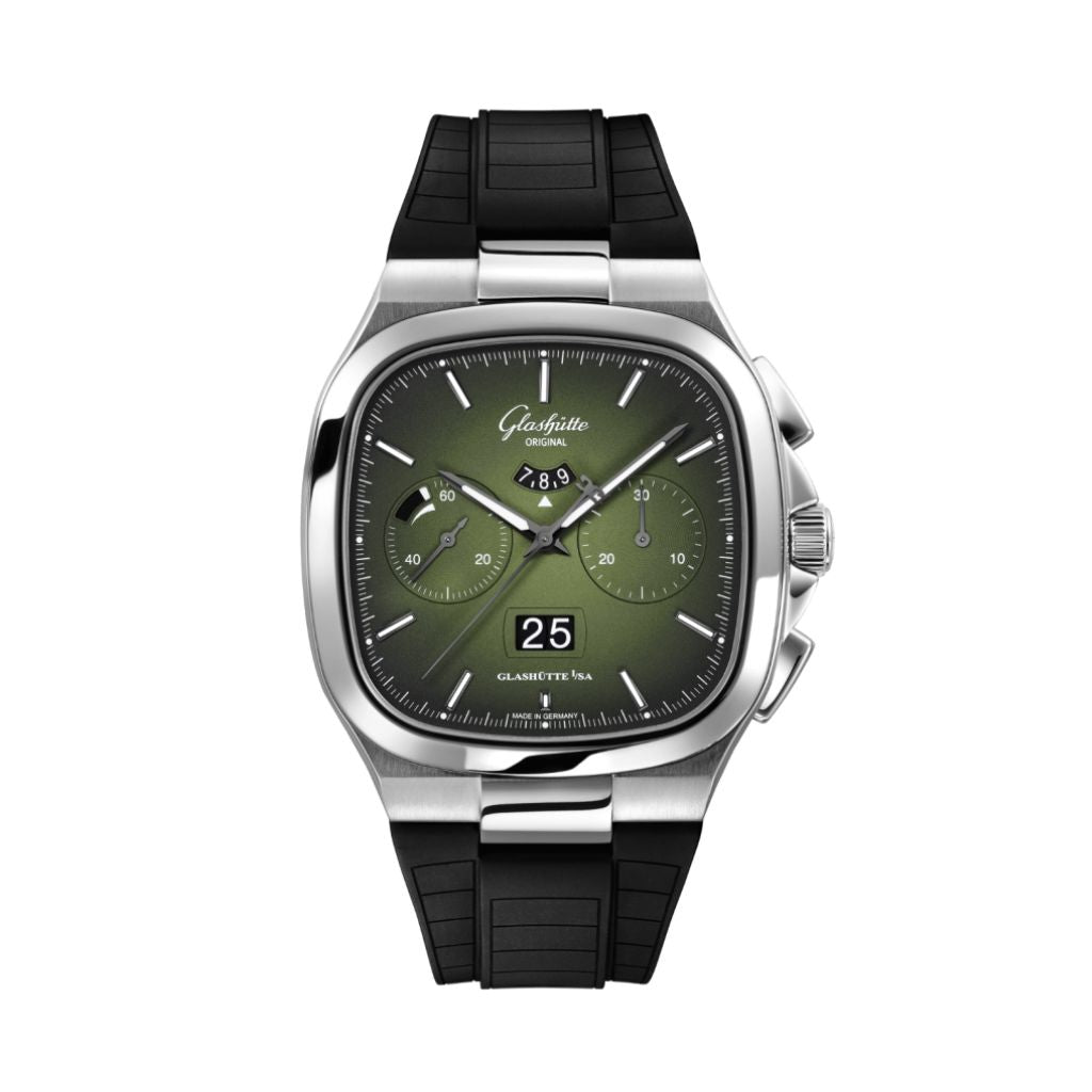 Glashuette Original Seventies Chronograph Panorama Date 40 mm Fab Green Dial Stainless Steel Rubber Strap, Black 1-37-02-09-02-63 - WATCHXNYC