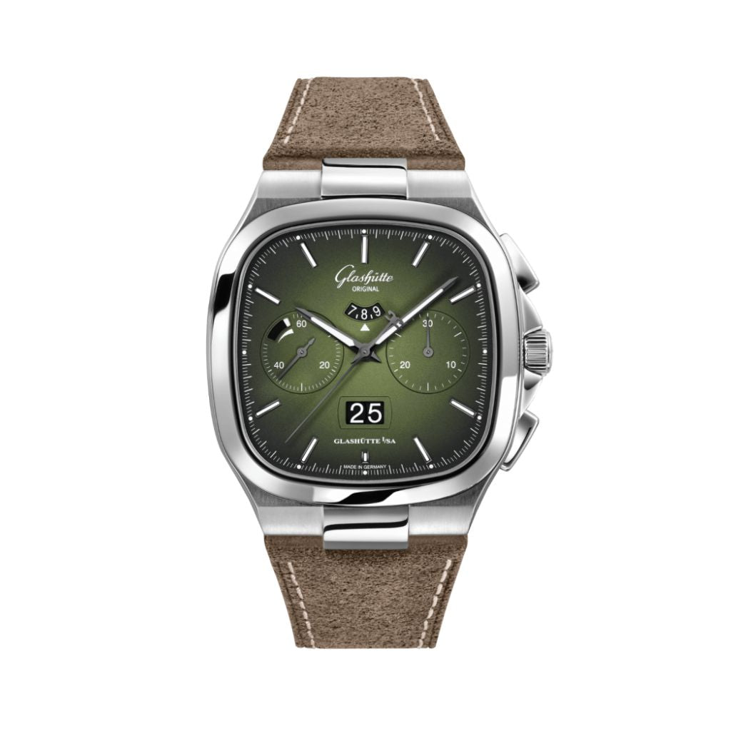 Glashuette Original Seventies Chronograph Panorama Date 40 mm Fab Green Dial Stainless Steel   Strap, Brown 1-37-02-09-02-62 - WATCHXNYC