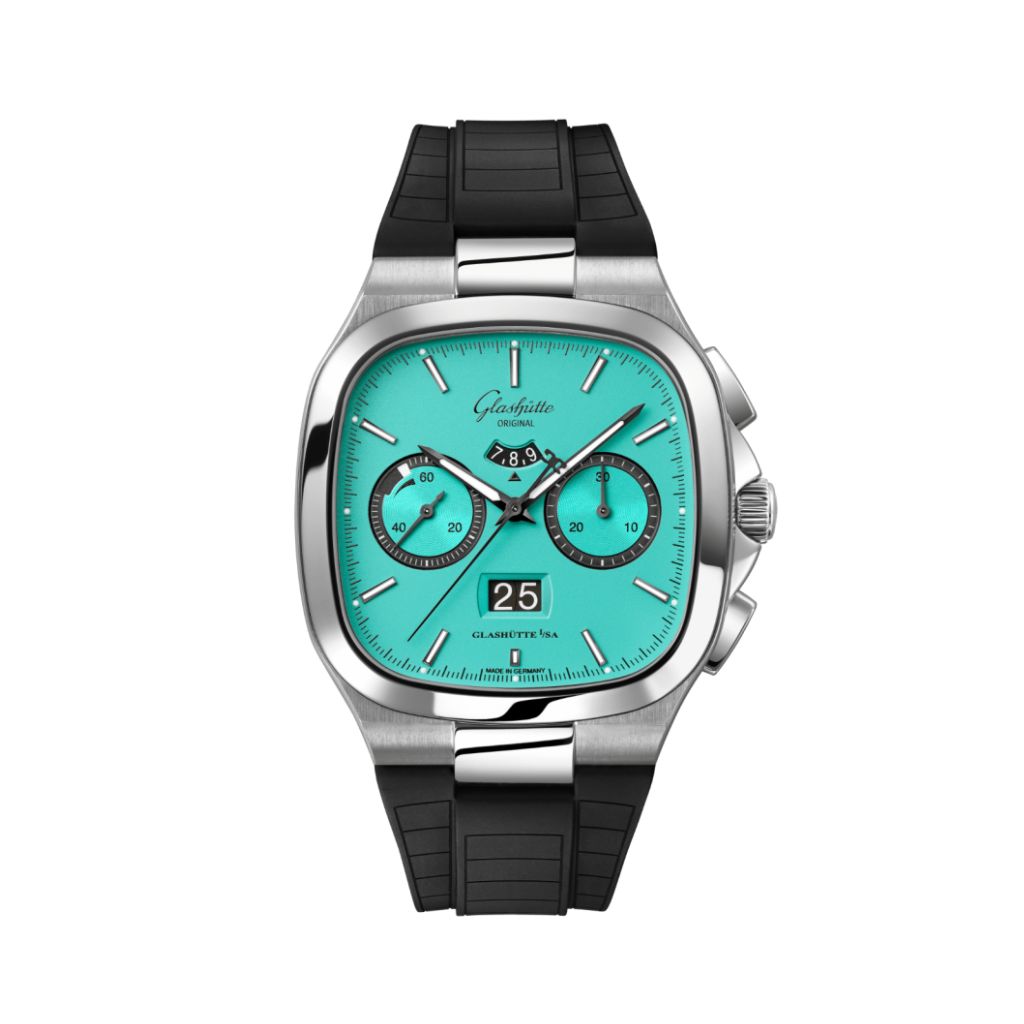 Glashuette Original Seventies Chronograph Panorama Date 40 mm Ocean Blue Dial Stainless Steel Rubber Strap, Black 1-37-02-16-02-63 - WATCHXNYC