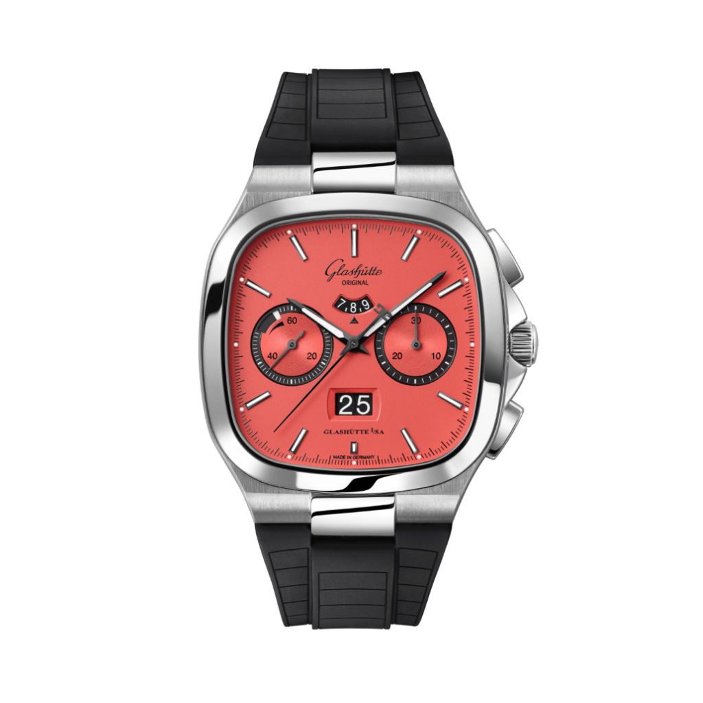 Glashuette Original Seventies Chronograph Panorama Date 40 mm Zany Pink Dial Stainless Steel Rubber Strap, Black 1-37-02-17-02-63 - WATCHXNYC