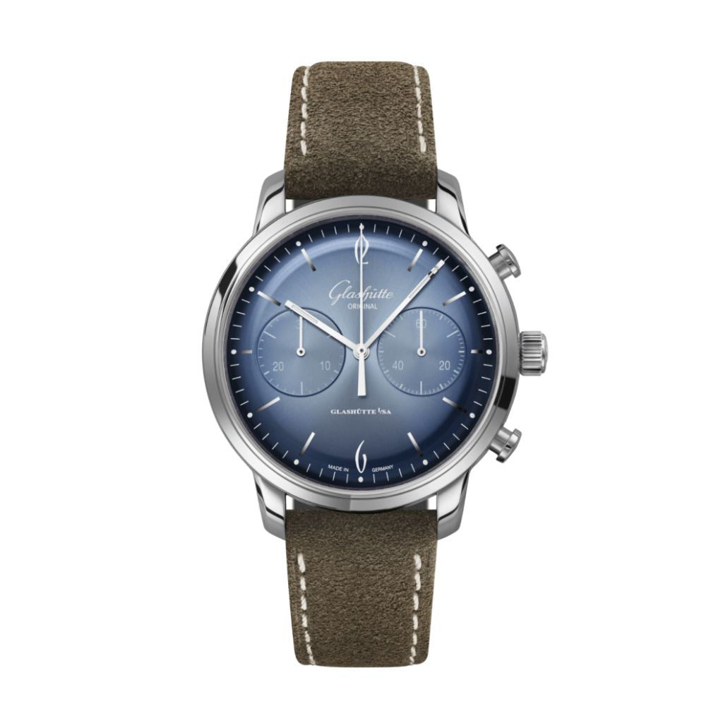 Glashuette Original Sixties Chronograph Annual Edition 42 mm Blue Dial Stainless Steel   Strap, Brown 1-39-34-04-22-04 - WATCHXNYC