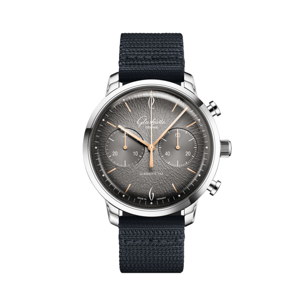 Glashuette Original Sixties Chronograph Annual Edition 42 mm Grey Dial Stainless Steel Synthetic Strap, Blue 1-39-34-06-22-04 - WATCHXNYC