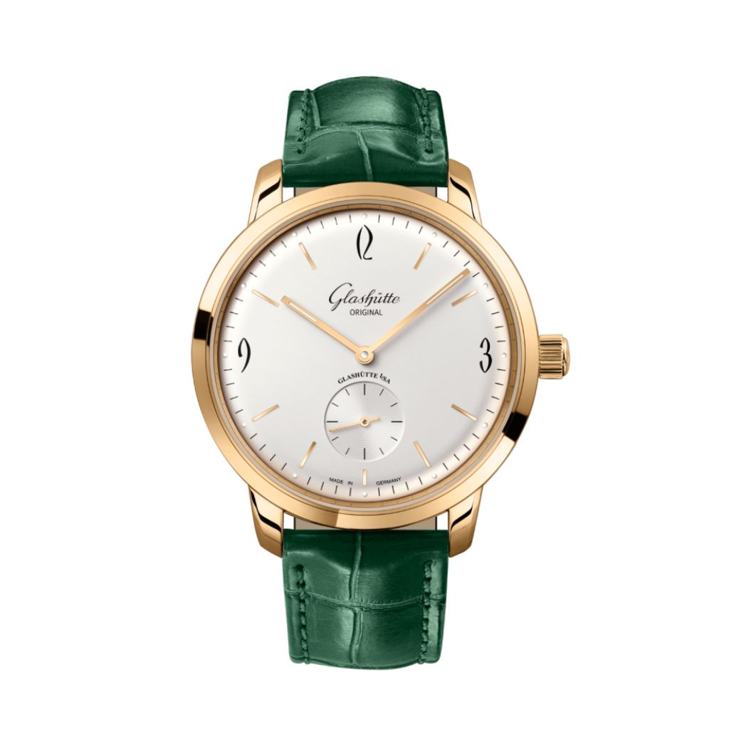 Glashuette Original Sixties Small Second 42 mm Silver Dial Rose Gold Louisiana   Leather Strap, Green 1-39-60-01-01-04 - WATCHXNYC