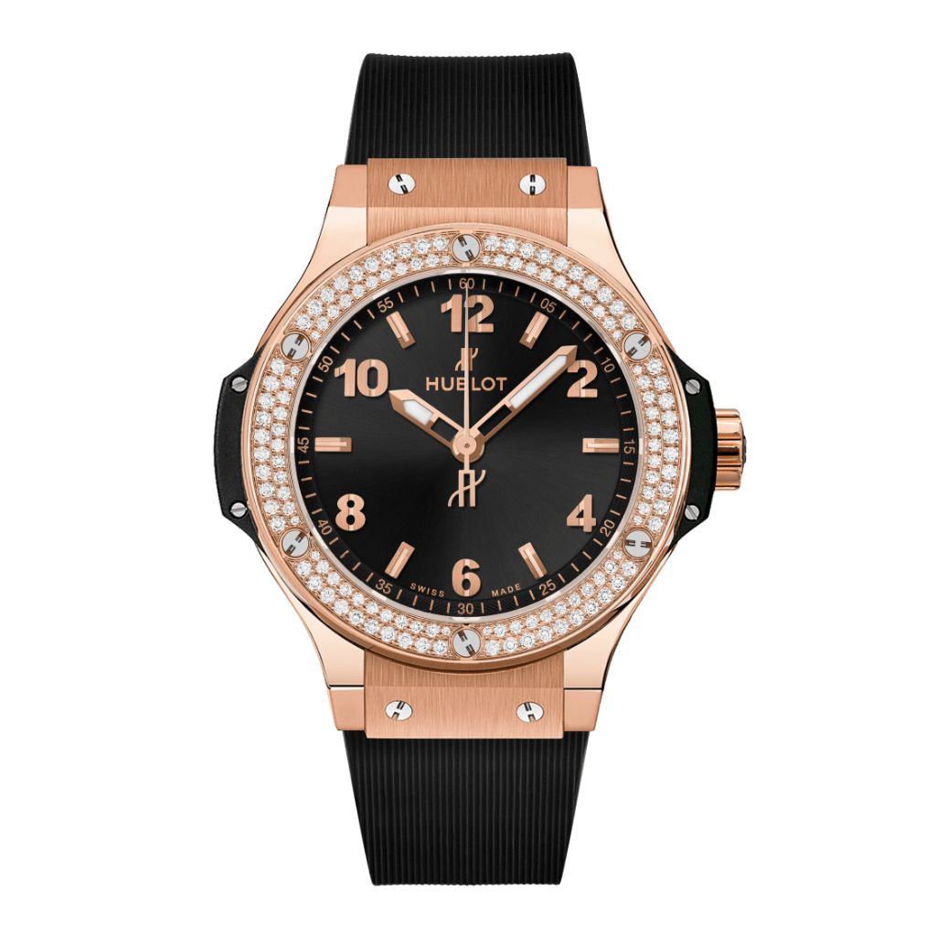HUBLOT Big Bang Gold Diamonds 38 mm Black Dial Polished 18K 5N Gold Rubber Strap 361.PX.1280.RX.1104 - WATCHXNYC
