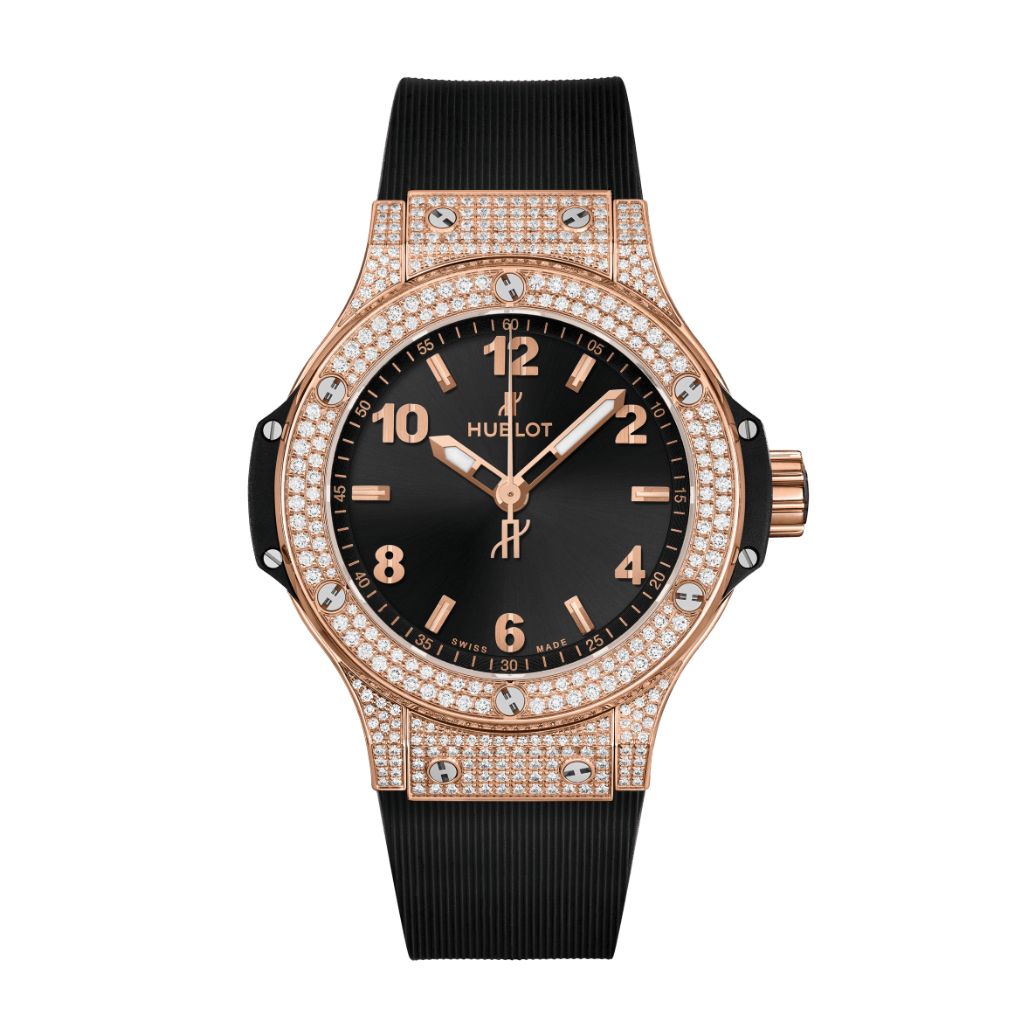 HUBLOT Big Bang Gold Pavé 38 mm Black Dial with Diamonds Polished 18K 5N Gold Rubber Strap 361.PX.1280.RX.1704 - WATCHXNYC