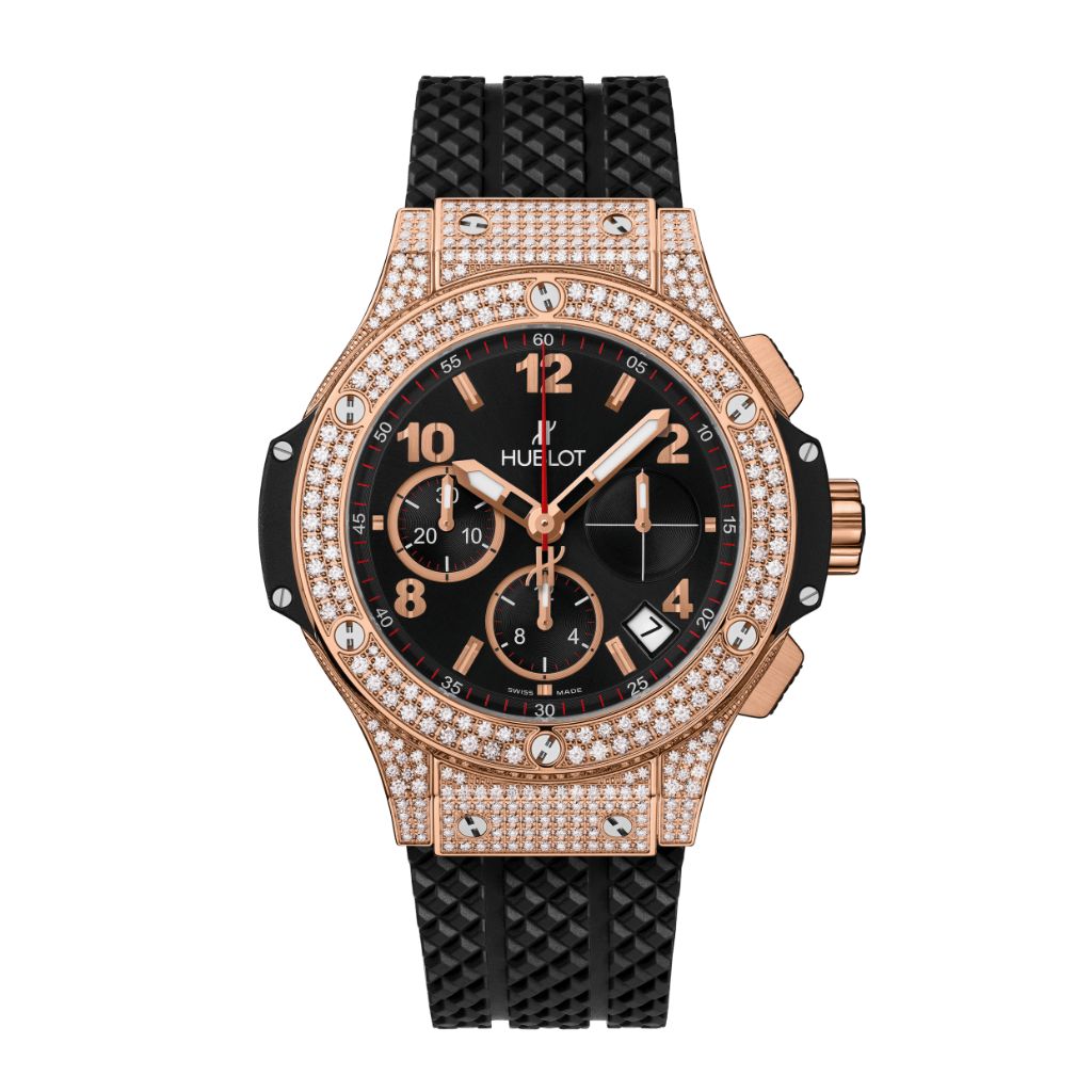 HUBLOT Big Bang Gold Pavé 41 mm Black Dial with Diamonds Polished 18K 5N Gold Rubber Strap 341.PX.130.RX.174 - WATCHXNYC